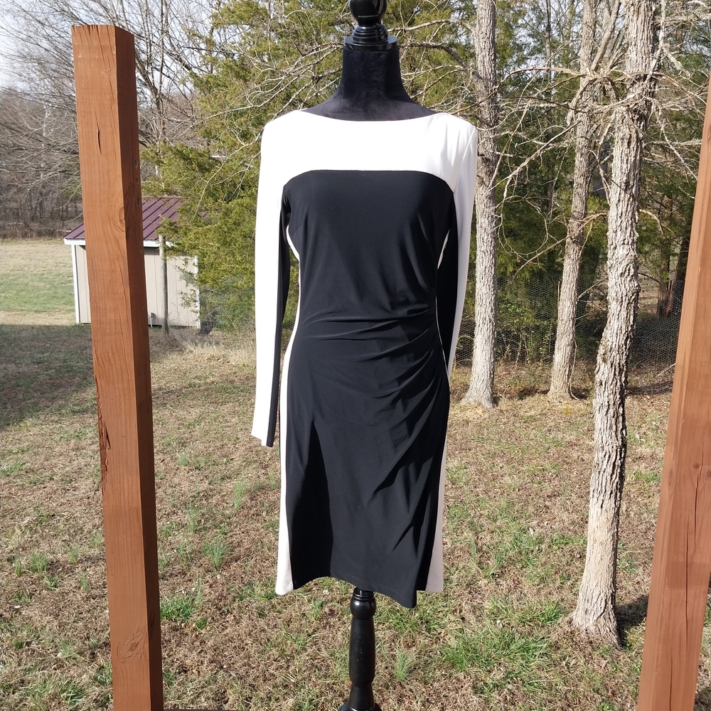 Chaps Black and White Long Sleeve Colorblock Dress